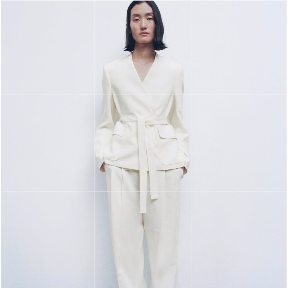 Zara Cream Colored Linen Belted Blazer, XS